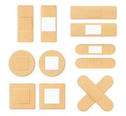 Medical, sticking plasters or adhesive bandages realistic templates set.