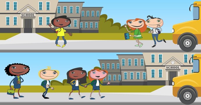 School building, bus and front yard with children pupils. Vector flat style illustration.