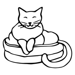 Vector isolated element. Happy cat is sitting in the bed. Hand drawn doodle. Logo design