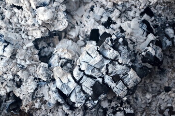 Coals in an extinct fire. Natural gray background. Coal and ash in a burnt fire