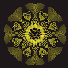 yellow striped hearts mandala on a black background 