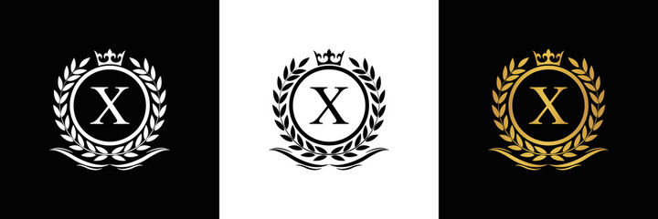 Golden Letter X laurel wreath template logo Luxury gold letter with crown. Monogram alphabet . Beautiful royal initials letter.	