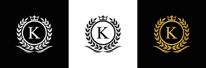 Golden Letter K laurel wreath template logo Luxury gold letter with crown. Monogram alphabet . Beautiful royal initials letter.	