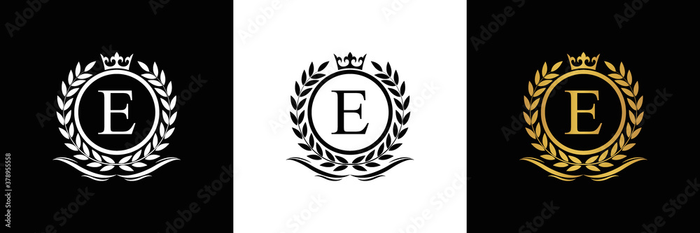 Wall mural golden letter e laurel wreath template logo luxury gold letter with crown. monogram alphabet . beaut