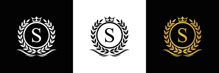 Golden Letter S laurel wreath template logo Luxury gold letter with crown. Monogram alphabet . Beautiful royal initials letter.	