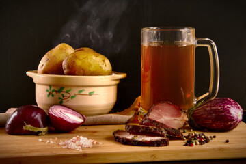 Dinner with a delicious potatoes and beer
