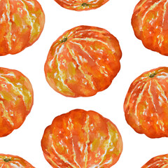 Watercolor illustration pattern of hand drawn colorful orange pumpkin isolated on white background. Organic, vegan, food wallpaper. Thanksgiving, Fall, Autumn, Halloween packaging.