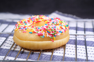Close up of fresh donuts on table 