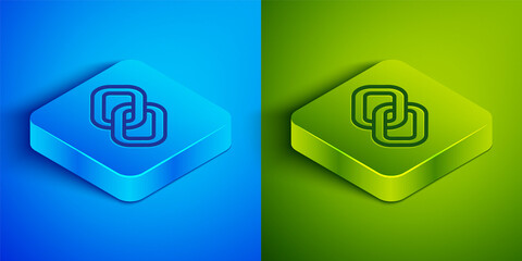 Isometric line Chain link icon isolated on blue and green background. Link single. Hyperlink chain symbol. Square button. Vector.