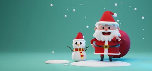 3D rendering concept illustration of Santa Claus character carrying giant red bag standing with a  snowman