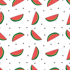 Vector seamless pattern. Watermelon slices with seeds isolated on white.