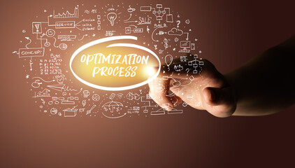 Hand touching OPTIMIZATION PROCESS inscription, hand drawn icons around, business plan concept