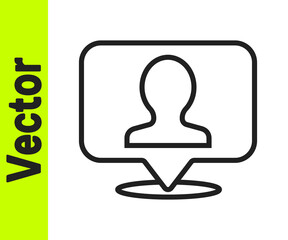 Black line Map marker with a silhouette of a person icon isolated on white background. GPS location symbol. Vector.