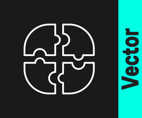 White line Piece of puzzle icon isolated on black background. Business, marketing, finance, template, layout, infographics, internet concept. Vector.