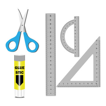 School supplies set. Scissor,ruler and glue stick, vector illustration.