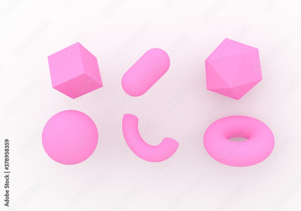 Poster Set of 3d render realistic primitives on white background. Isolated graphic elements: sphere, torus, cube, icosahedron and other geometric shapes for trendy designs.