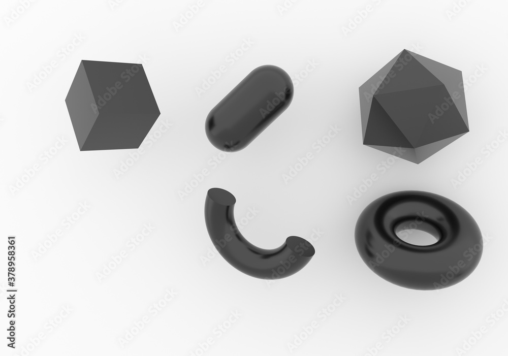 Poster Set of 3d render realistic primitives on white background. Isolated graphic elements: sphere, torus, cube, icosahedron and other geometric shapes for trendy designs.