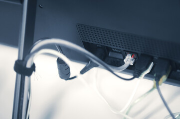 LAN network ethernet cable connect to computer. Internet cord RJ45. Selective focus