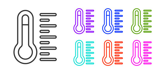Fototapeta premium Black line Meteorology thermometer measuring icon isolated on white background. Thermometer equipment showing hot or cold weather. Set icons colorful. Vector.
