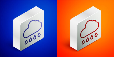 Isometric line Cloud with rain icon isolated on blue and orange background. Rain cloud precipitation with rain drops. Silver square button. Vector.