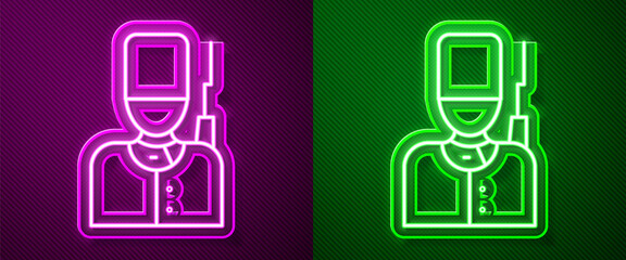 Glowing neon line British guardsman with bearskin hat marching icon isolated on purple and green background. Vector.