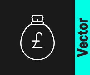 White line Money bag with pound icon isolated on black background. Pound GBP currency symbol. Vector.
