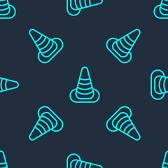 Green line Traffic cone icon isolated seamless pattern on blue background. Vector.