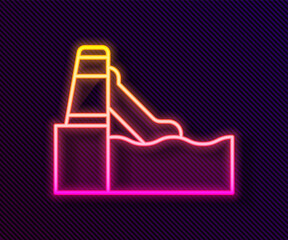 Glowing neon line Water slide with pool icon isolated on black background. Aquapark. Vector.