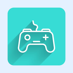 White line Gamepad icon isolated with long shadow. Game controller. Green square button. Vector.