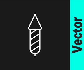 White line Firework rocket icon isolated on black background. Concept of fun party. Explosive pyrotechnic symbol. Vector.