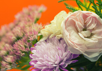 Colorful bouquet of flowers close-up macro. Pictorial art image with soft focus