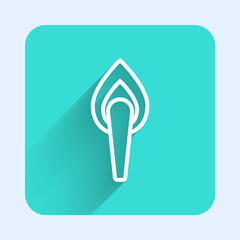 White line Torch flame icon isolated with long shadow. Symbol fire hot, flame power, flaming and heat. Green square button. Vector.