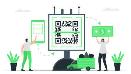 A man pays money to woman seller by QR code scanning. Then, delivery car will send items back to him. Minimal green monochromatic color design in e-payment concept.