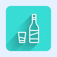 White line Bottle of vodka with glass icon isolated with long shadow. Green square button. Vector.