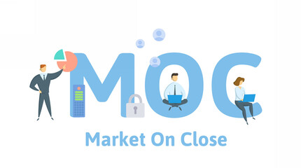 MOC, Market On Close. Concept with keywords, people and icons. Flat vector illustration. Isolated on white.