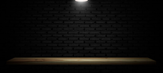 Empty top wooden shelves dark brick wall for product display.