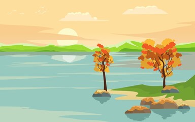 Sun rise on the lake, clouds and trees reflected on the water, nature wild vector illustration