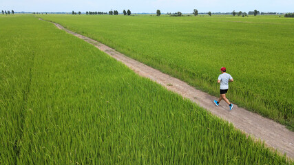 Aerial view of young asian sports man running