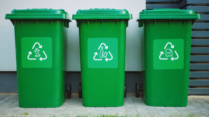 Green colored, plastic garbage bins, with different recycle logos on front, stacked in row against...
