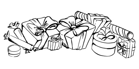 vector drawing of gifts in holiday wrapper with ribbon