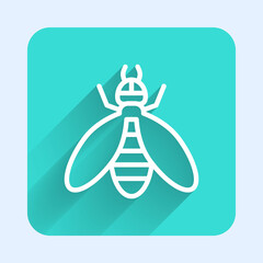 White line Bee icon isolated with long shadow. Sweet natural food. Honeybee or apis with wings symbol. Flying insect. Green square button. Vector.