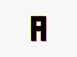 A Letter font, vector desing alphabet. Dynamic, split-color, shadow of  number pink and yellow on white background. For logo, social media,design elements, creative poster, etc.