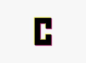 C Letter font, vector desing alphabet. Dynamic, split-color, shadow of  number pink and yellow on white background. For logo, social media,design elements, creative poster, etc.