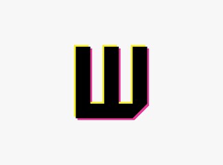 W Letter font, vector desing alphabet. Dynamic, split-color, shadow of  number pink and yellow on white background. For logo, social media,design elements, creative poster, etc.