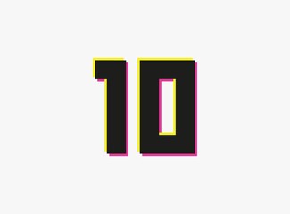 Number 10 vector desing logo. Dynamic, split-color, shadow of  number pink and yellow on white background. For social media,design elements, creative poster, anniversary celebration, greeting and web