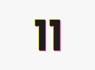 Obraz premium Number 11 vector desing logo. Dynamic, split-color, shadow of number pink and yellow on white background. For social media,design elements, creative poster, anniversary celebration, greeting and web