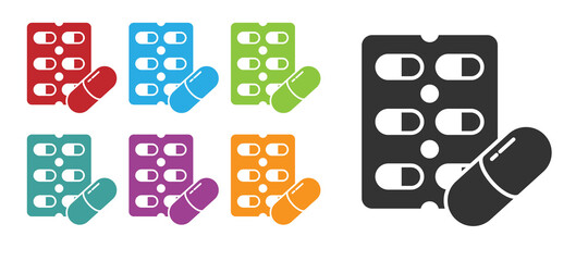 Black Pills in blister pack icon isolated on white background. Medical drug package for tablet, vitamin, antibiotic, aspirin. Set icons colorful. Vector Illustration.