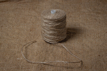 Jute thread on burlap. Jute material.