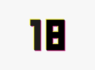 Number 18 vector desing logo. Dynamic, split-color, shadow of  number pink and yellow on white background. For social media,design elements, creative poster, anniversary celebration, greeting and web