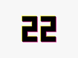 Fototapeta premium Number 22 vector desing logo. Dynamic, split-color, shadow of number pink and yellow on white background. For social media,design elements, creative poster, anniversary celebration, greeting and web